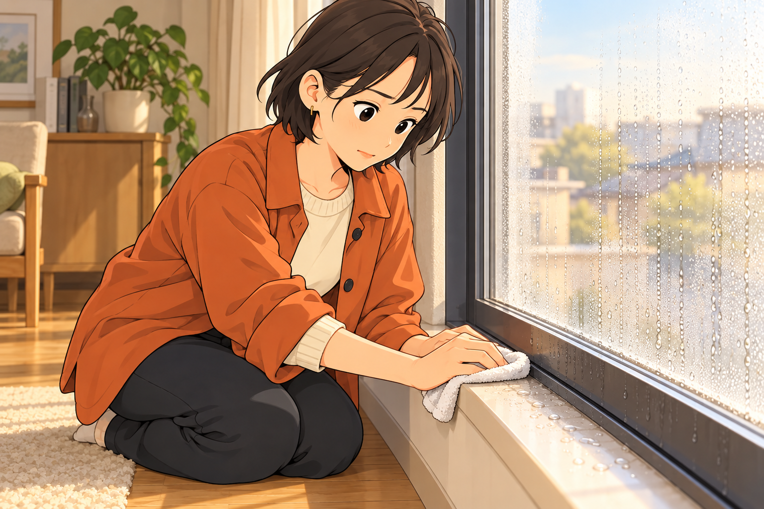 朝の窓に付いた水滴と窓枠を布で拭く紗良