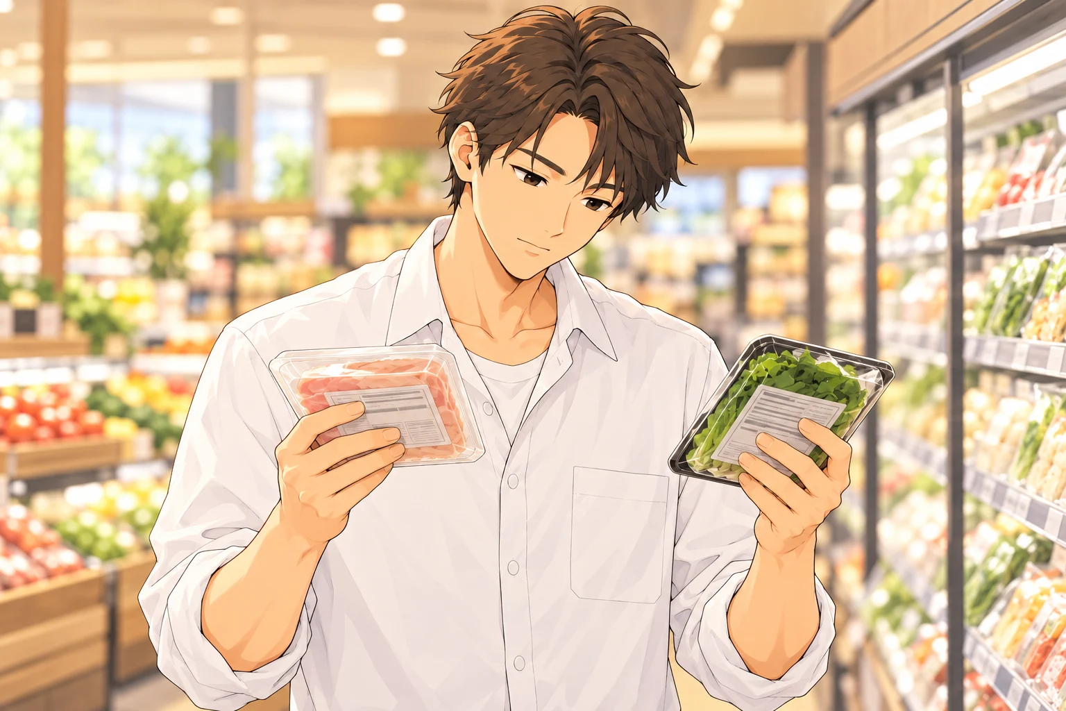 暮らしの場面で食品パックの裏面表示を見比べる颯太