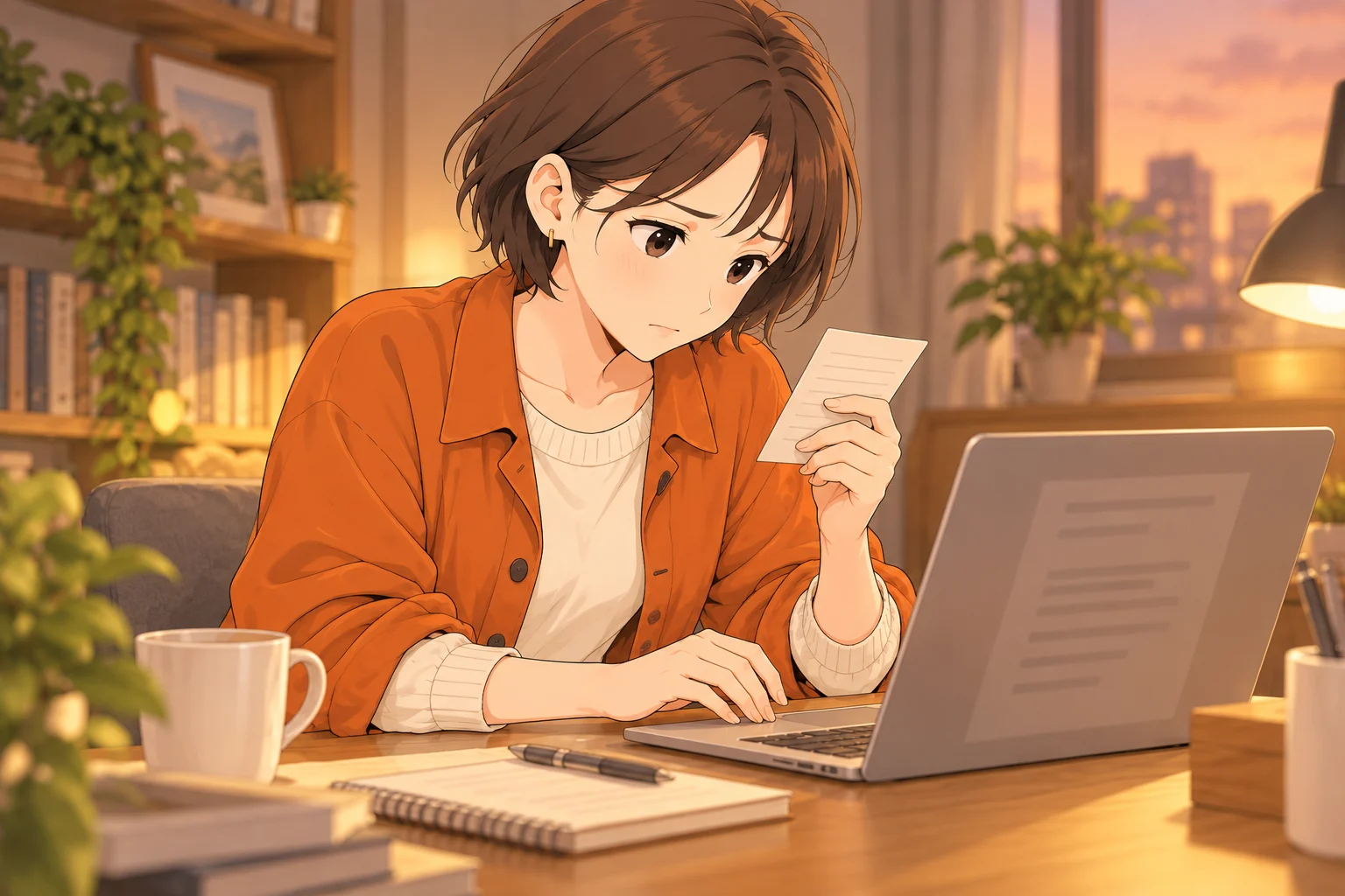 メールの下書きを前に言葉選びを考える紗良