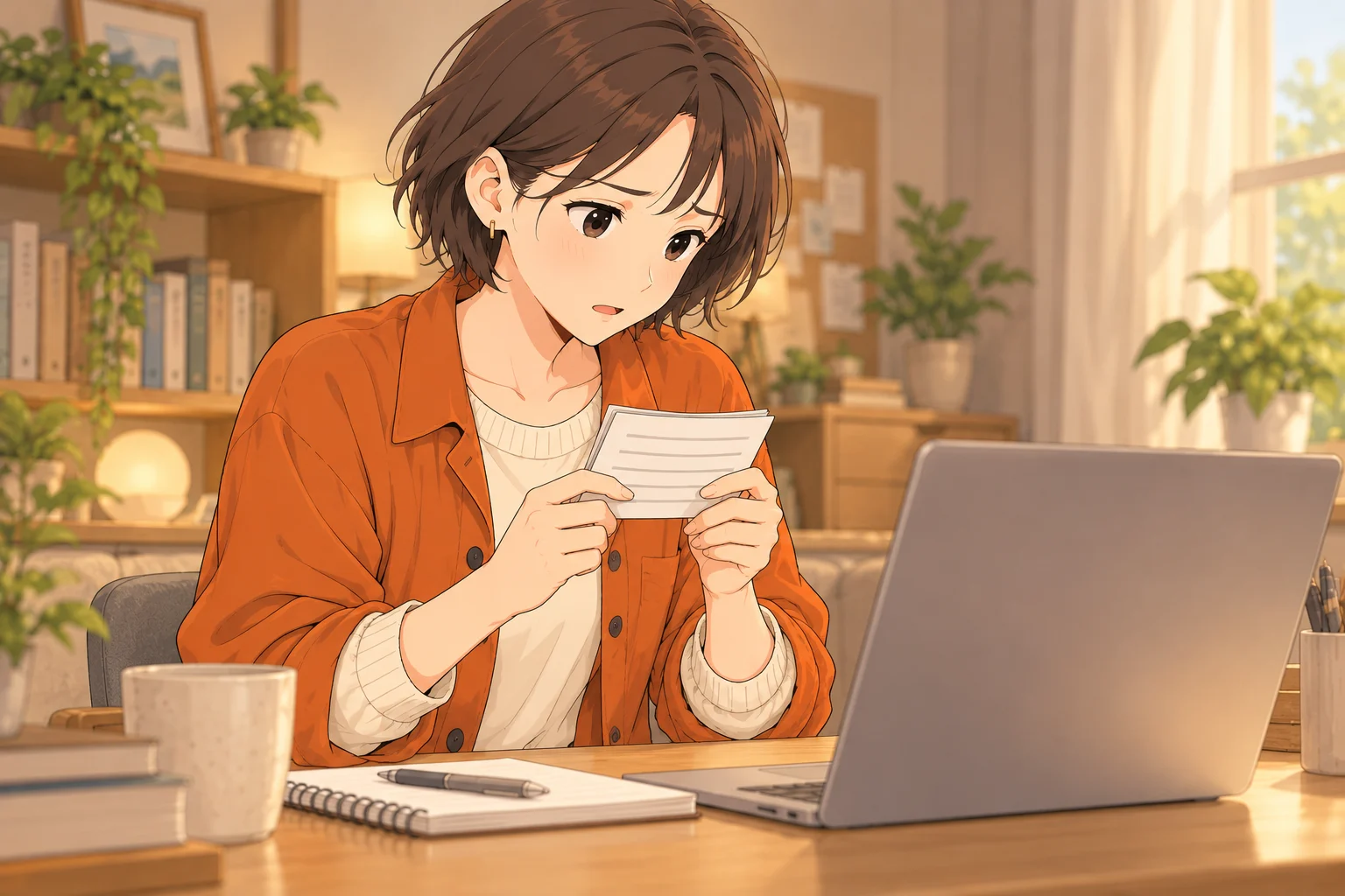 画面を前に説明用メモを持ち考えを整理する紗良