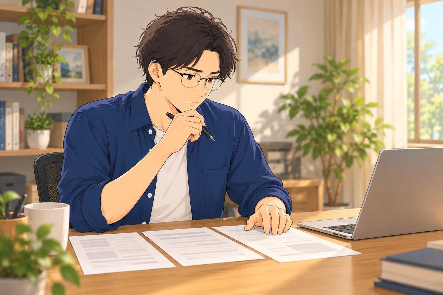 机に並べた紙と画面を見比べながら伝える順序を考える悠