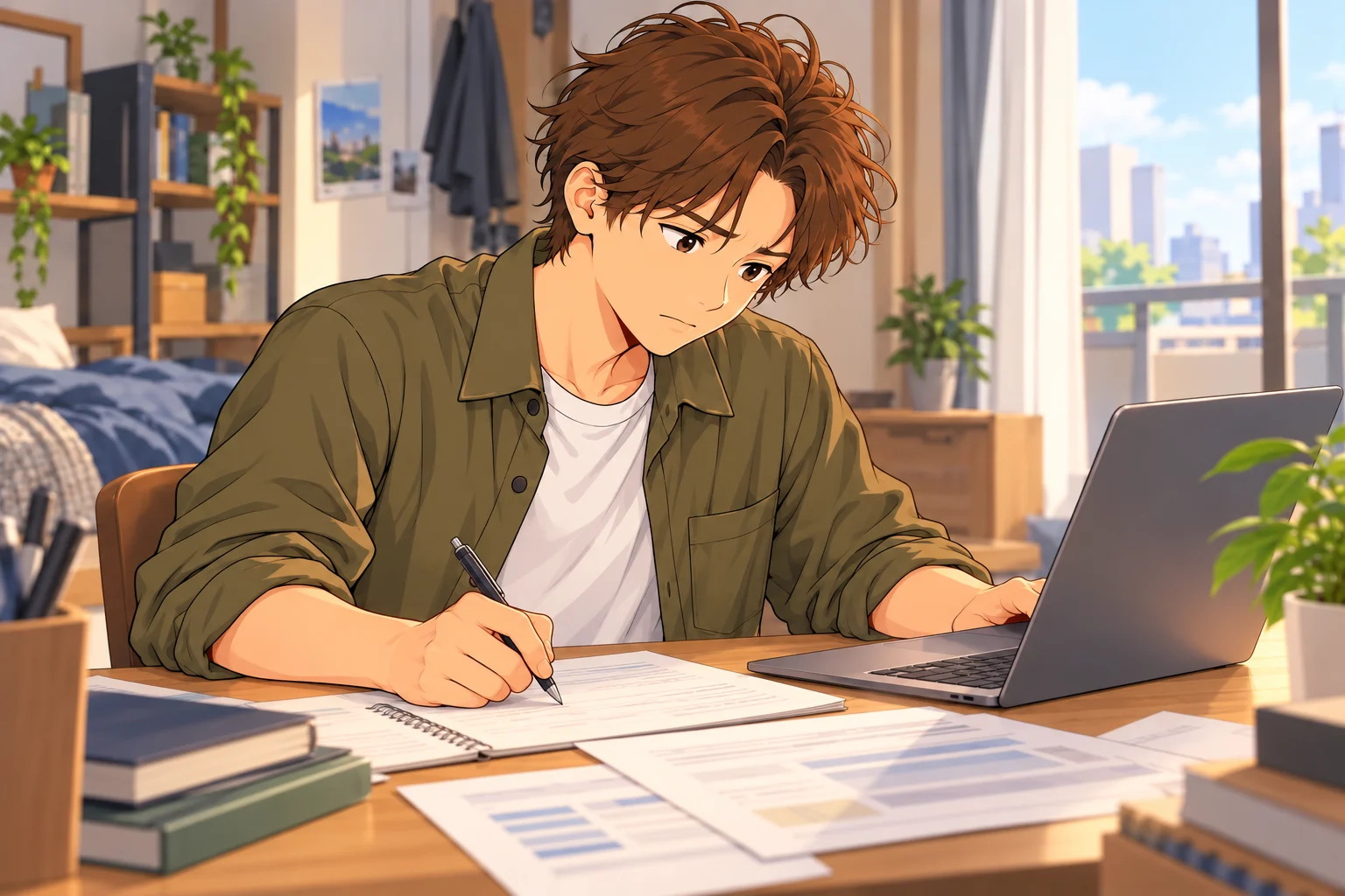 画面の原資料と手元の確認メモを慎重に照合する蓮