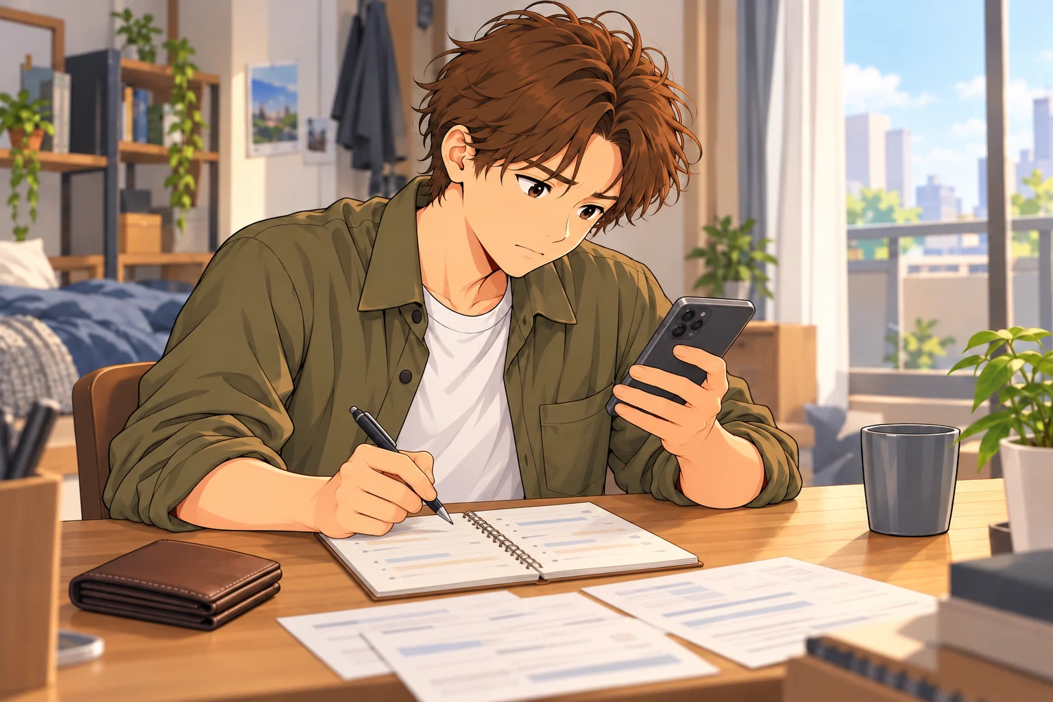 スマートフォンの支払予定と机の予定表を見比べる蓮