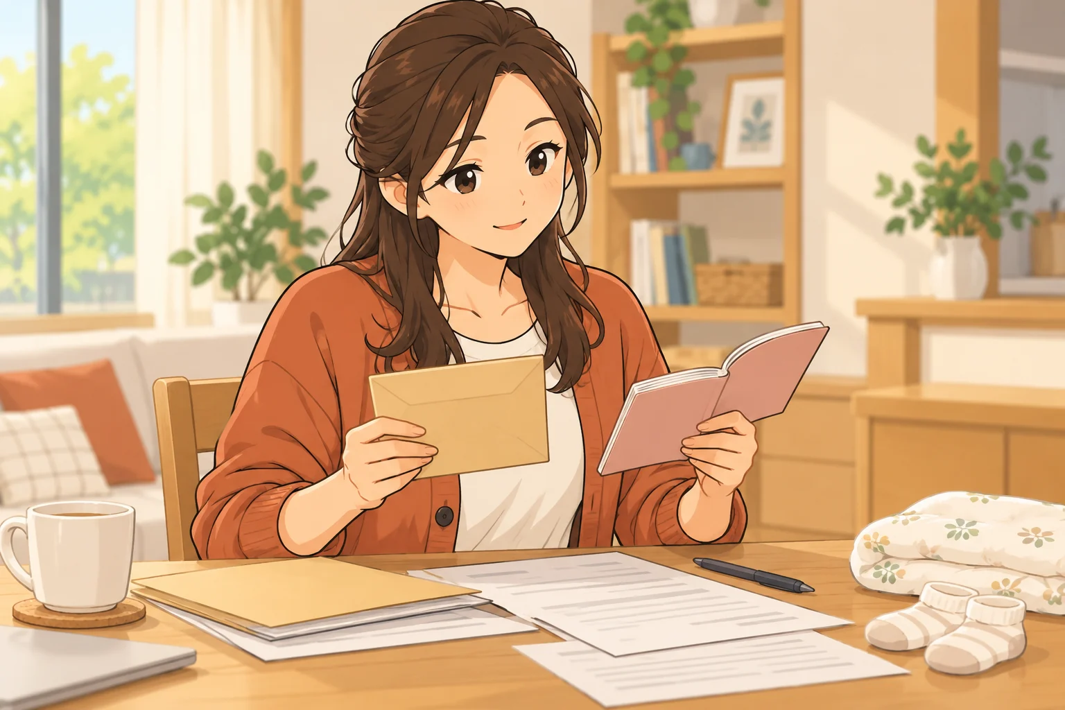 赤ちゃんの用品をそばに置き封筒と手帳で申請の準備を確かめる咲