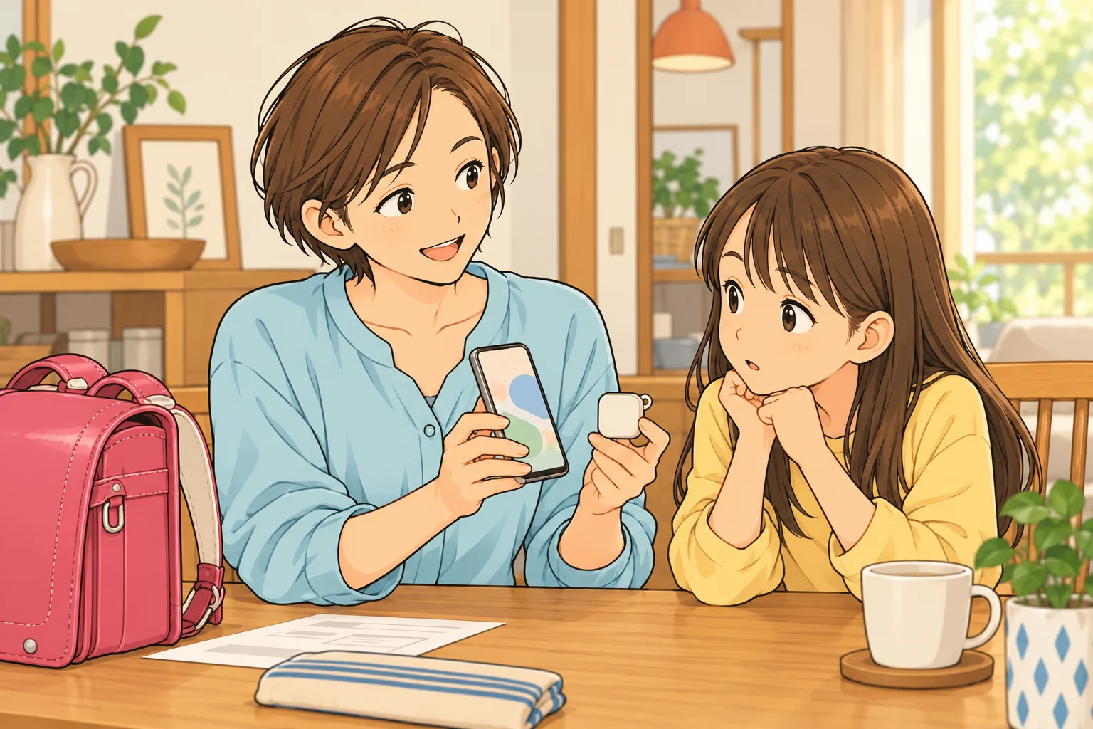 ランドセルと小さな端末をそばに娘と使い方を確認する千尋