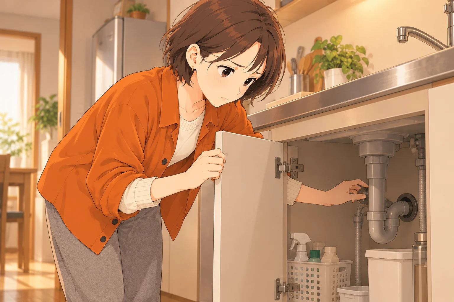 賃貸のシンク下で配管周囲のすき間を見て確認する紗良