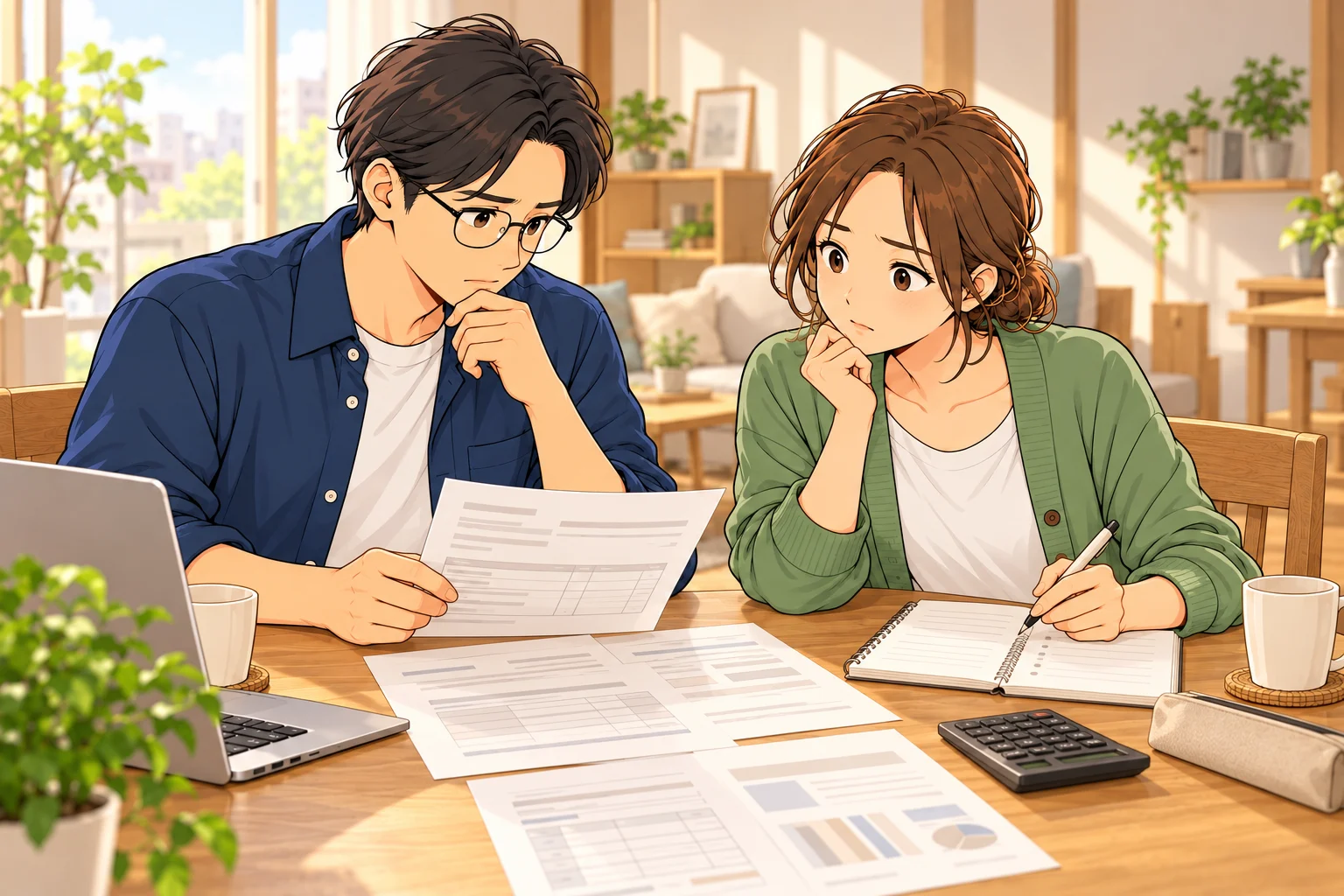 新居の費用の書類とノートを見比べる悠と葵