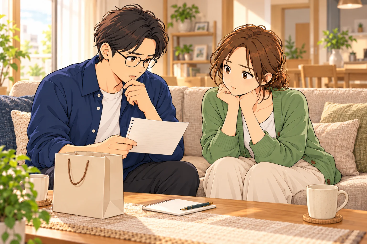 ソファで親への同棲の挨拶についてメモを見ながら相談する悠と葵