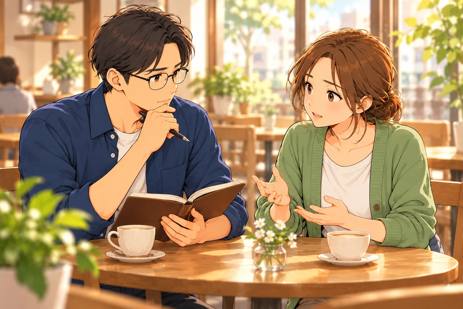 カフェで手帳を開き同棲を始める時期について話す悠と葵