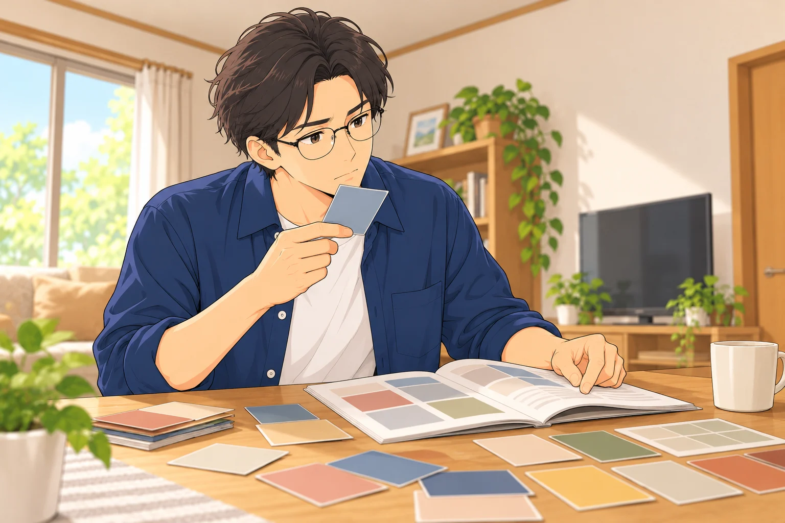 色カードと色彩のテキストを机で見比べる悠