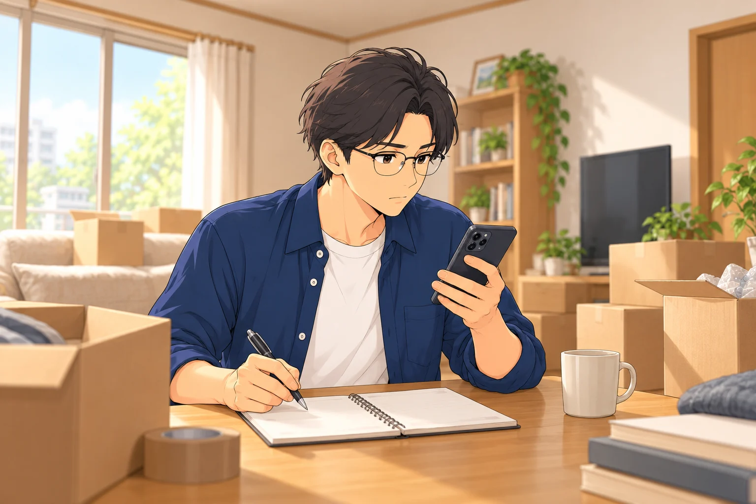 引越しの段ボールがある部屋で二か所の集荷予定を確認する悠