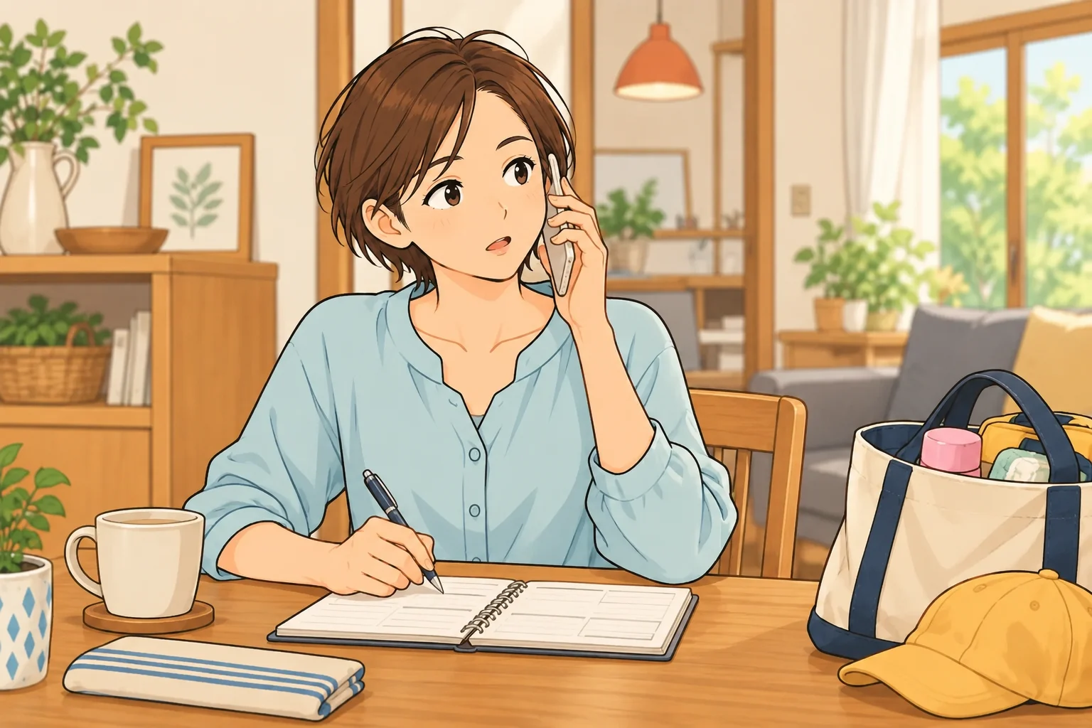 習い事バッグと予定の手帳をそばに置き送迎を電話で相談する千尋