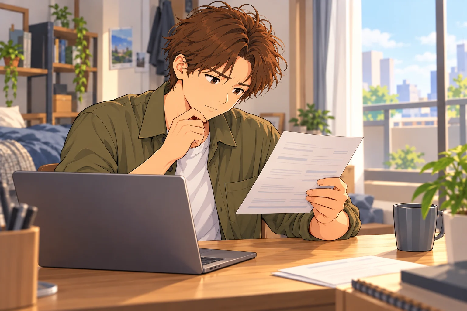 給与明細を持ち、ノートパソコンと見比べる蓮