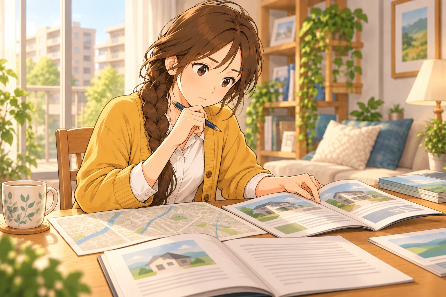 住宅の資料と地図を見て購入後の暮らしを考える楓