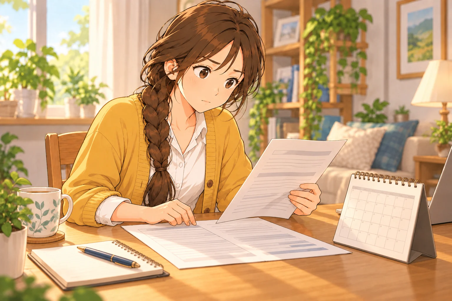 賃貸契約書と予定表を見ながら住める期間を確認する楓