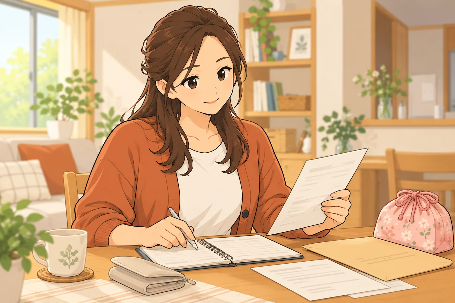 幼稚園の案内と手帳を見ながら通園費用を確かめる咲