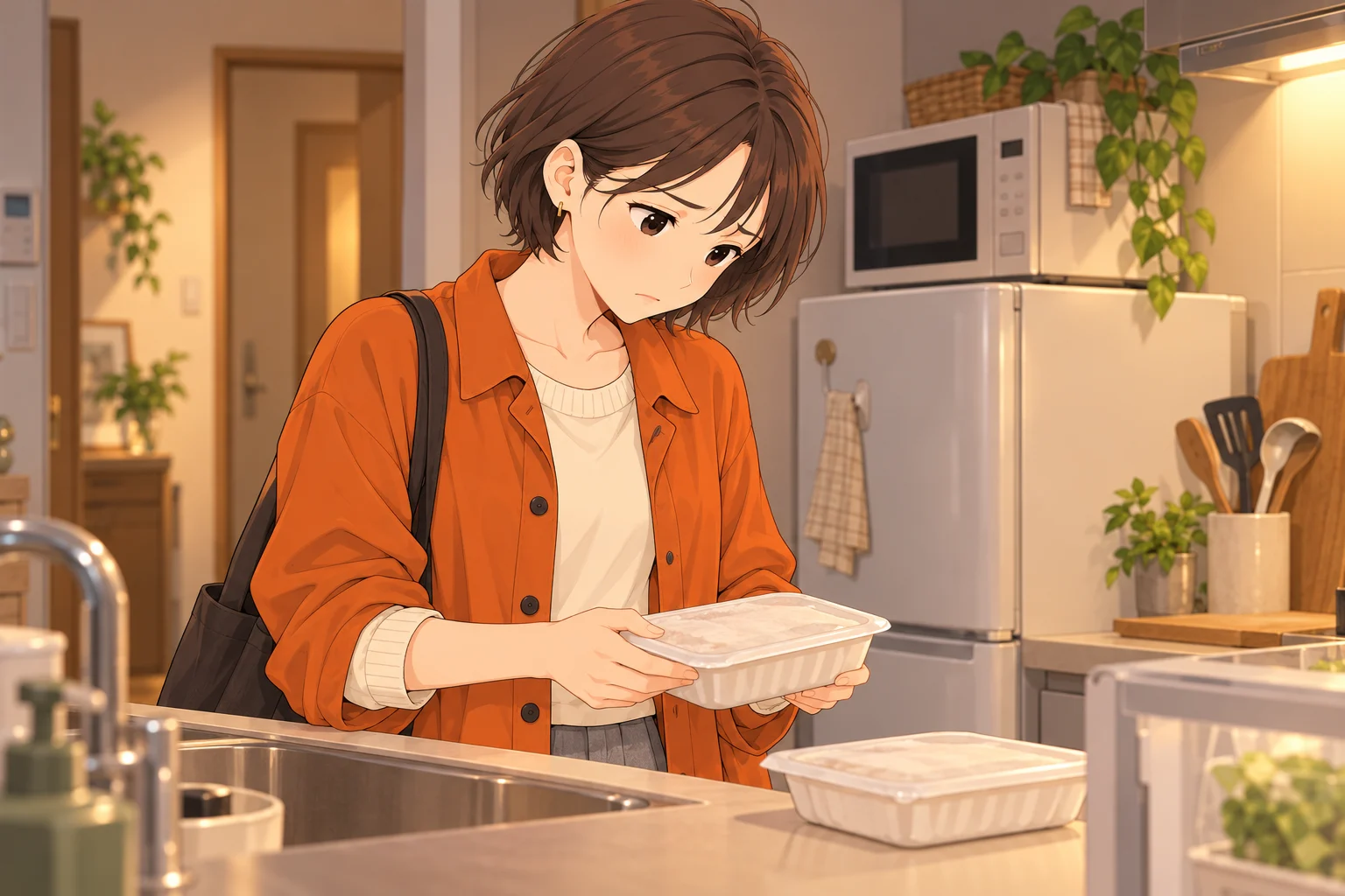 小さな台所で冷凍弁当の容器を持ち、疲れた日の食事を考える紗良