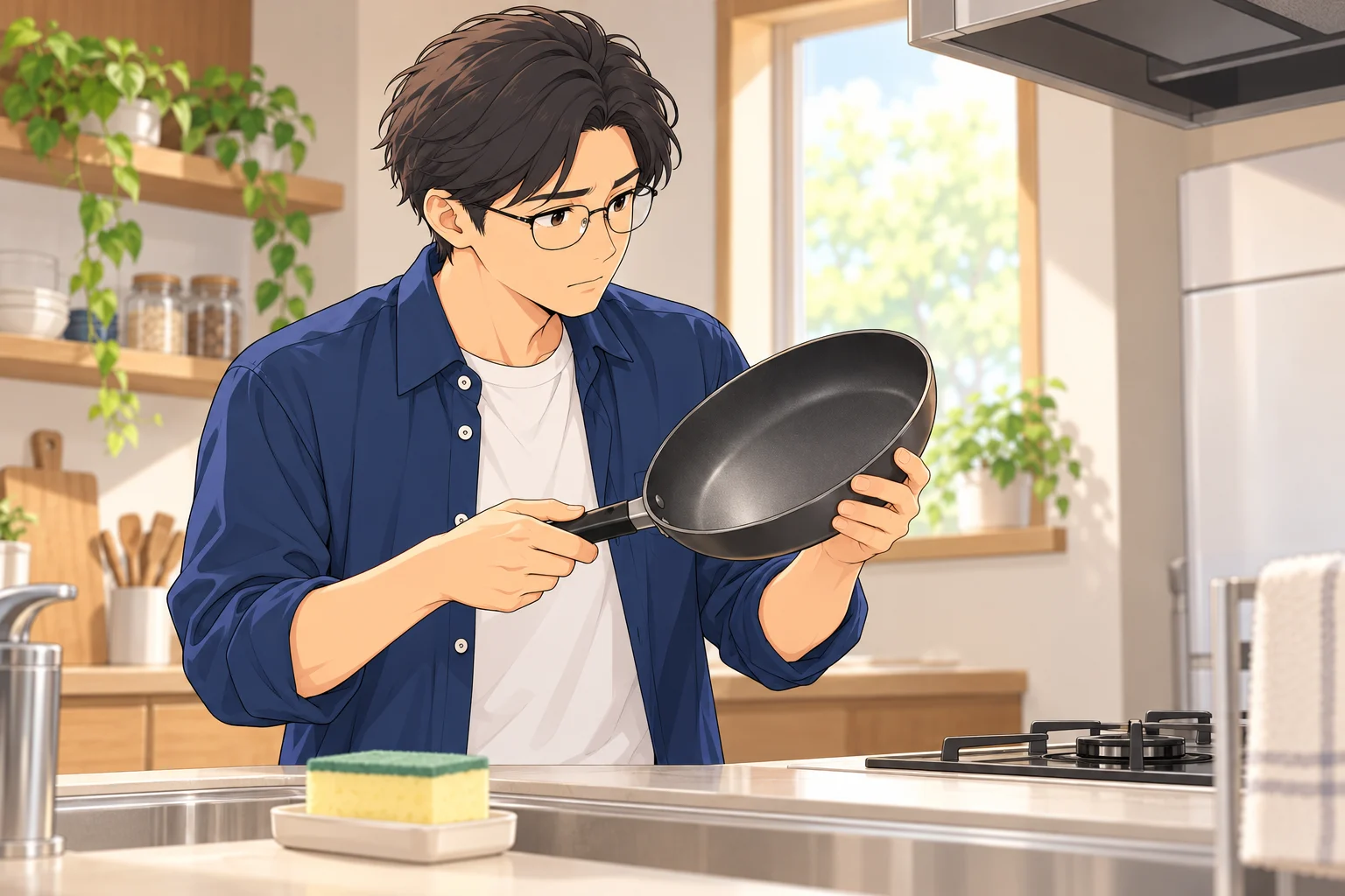 冷えたフライパンの内面と柔らかいスポンジを確かめる悠