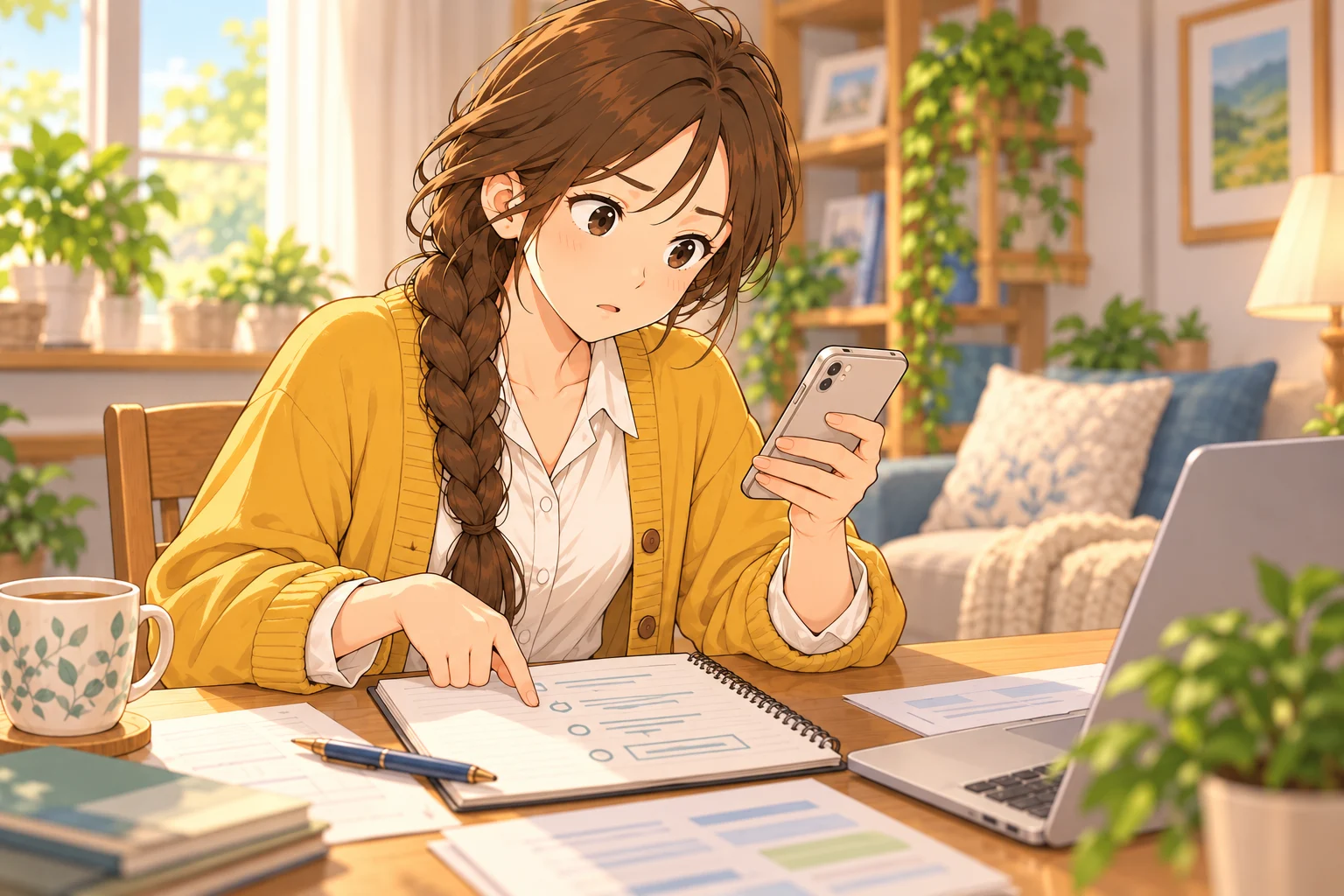 スマートフォンの残高とノートの手続き順を確かめる楓