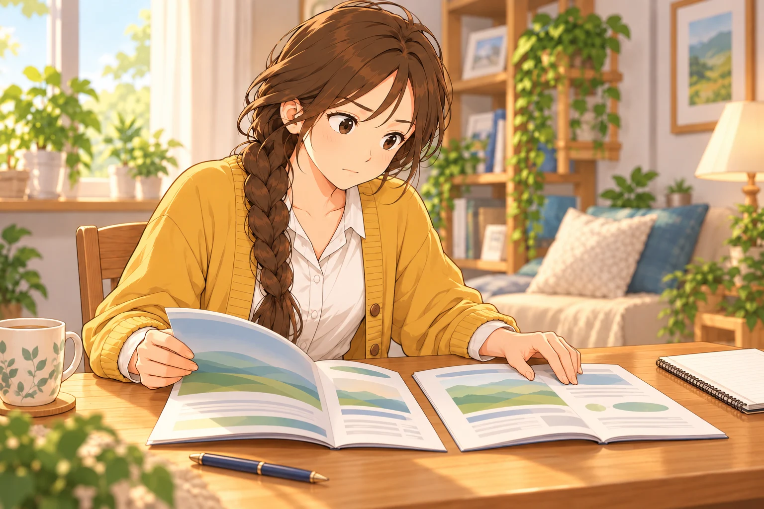 二冊の投資信託の案内を並べて運用方針を確かめる楓