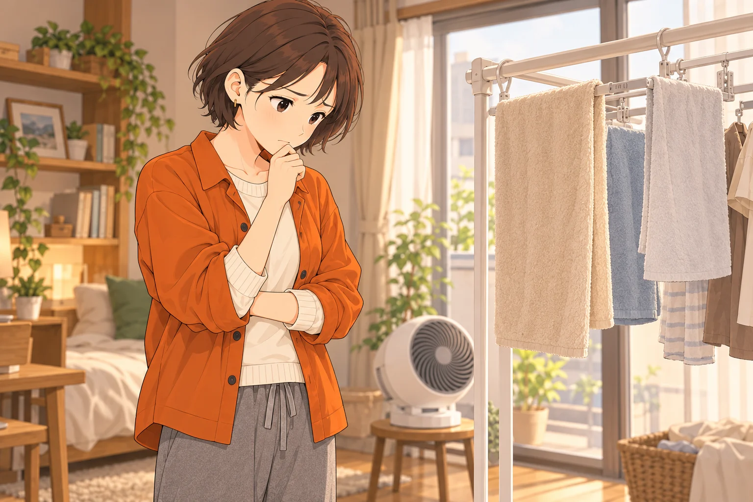 室内物干しのタオルが乾きにくく、風の通り方を考える紗良