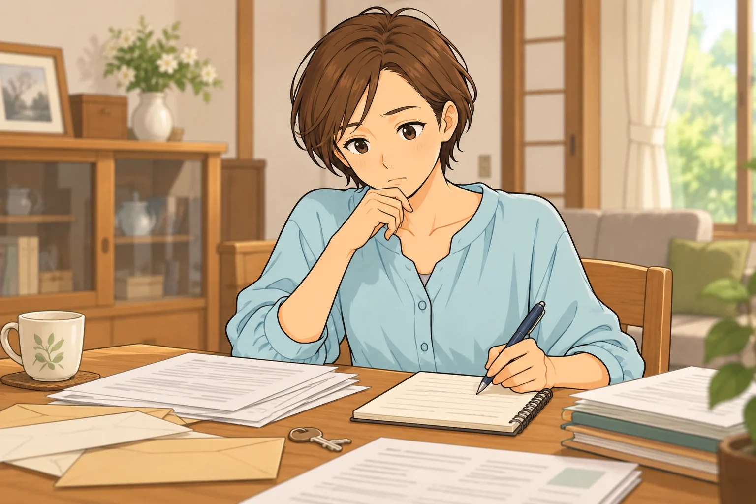 実家の書類と家の鍵を前に手続きの順を考える千尋
