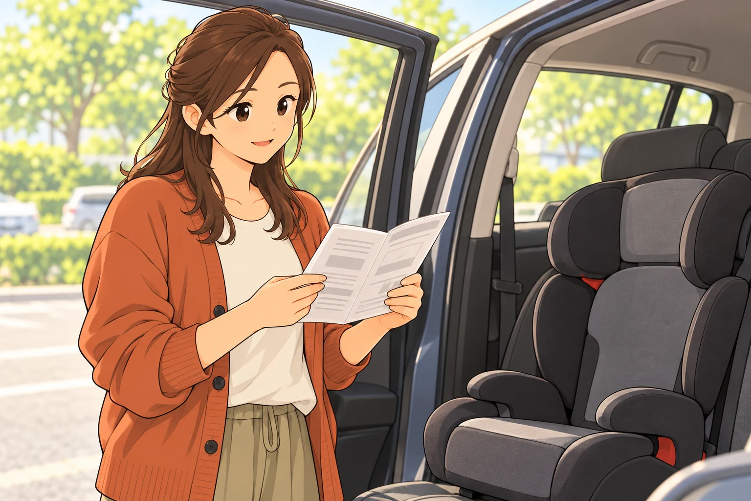 停車した車のそばでジュニアシートの説明書を確認する咲