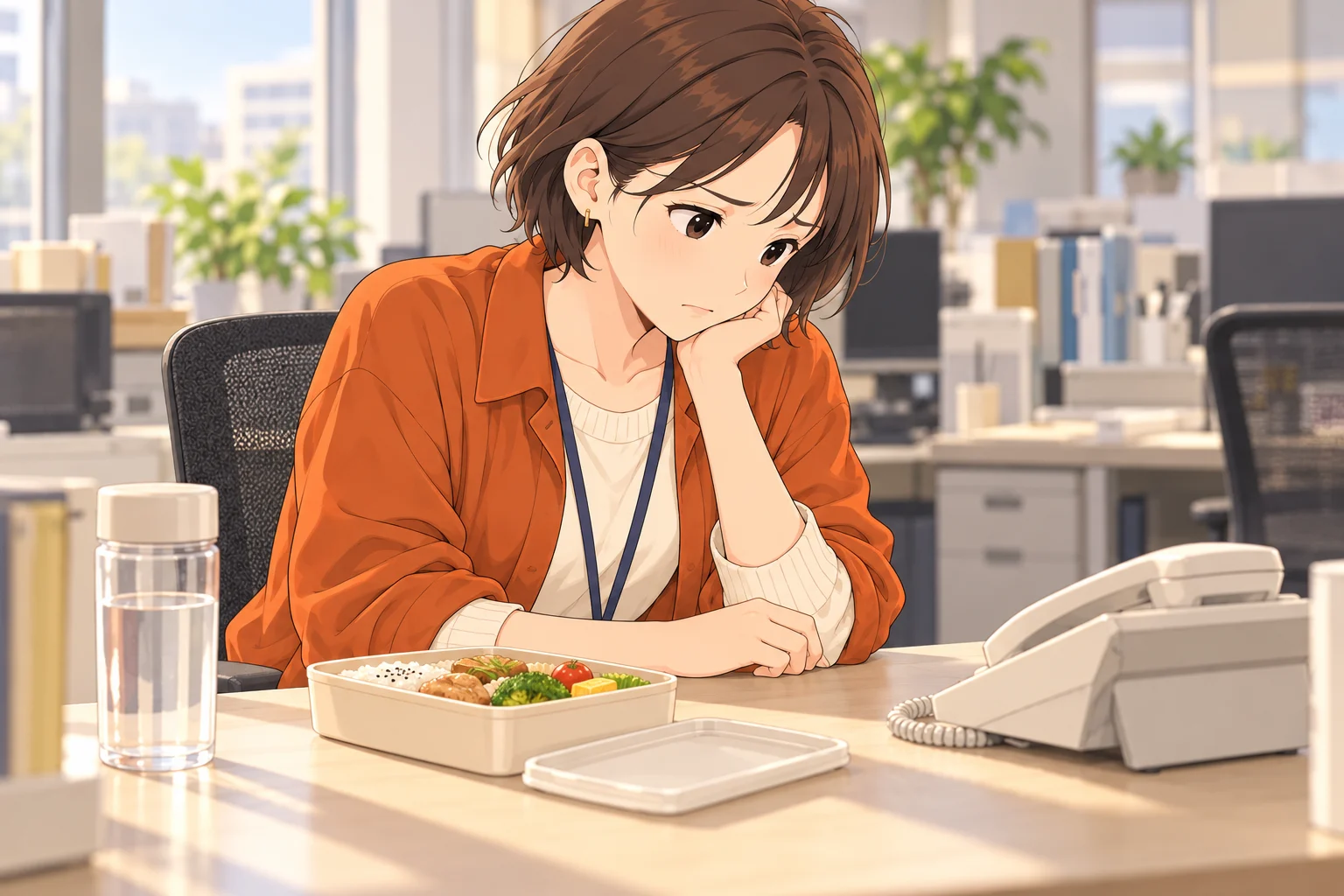 昼の職場で弁当のそばの電話を気にして休めない紗良