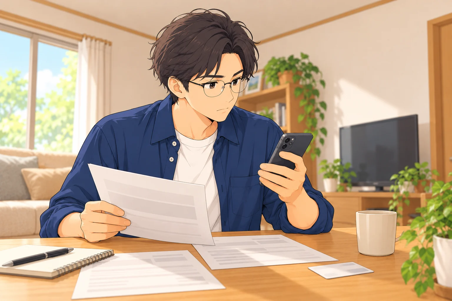 新しい名字への手続き予定を書類とスマートフォンで確認する悠