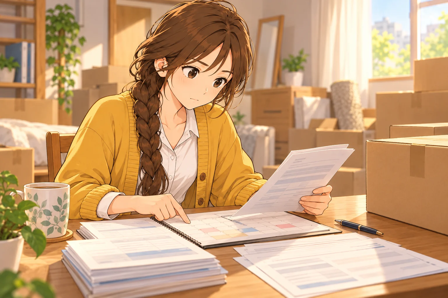 引越しの見積書と予定表を見比べる楓