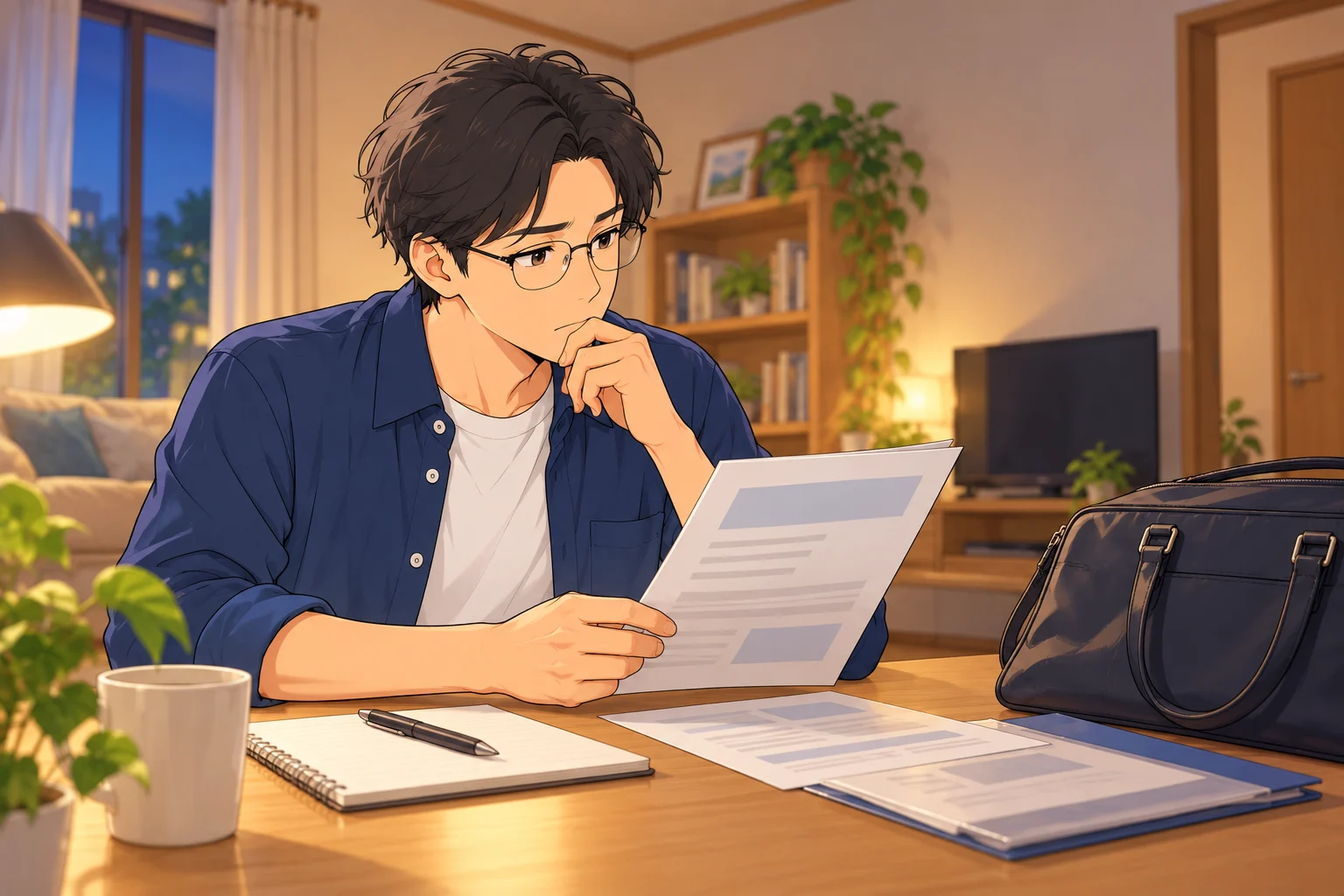 入社前夜に鞄と案内書類を確認し少し緊張している悠