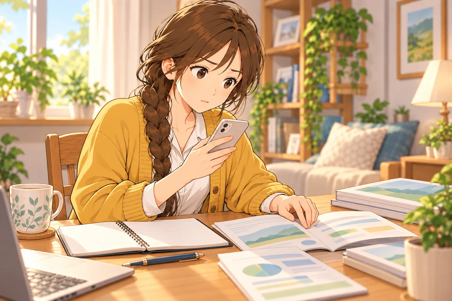 スマートフォンと投資の案内を前に賞与の使い道を考える楓