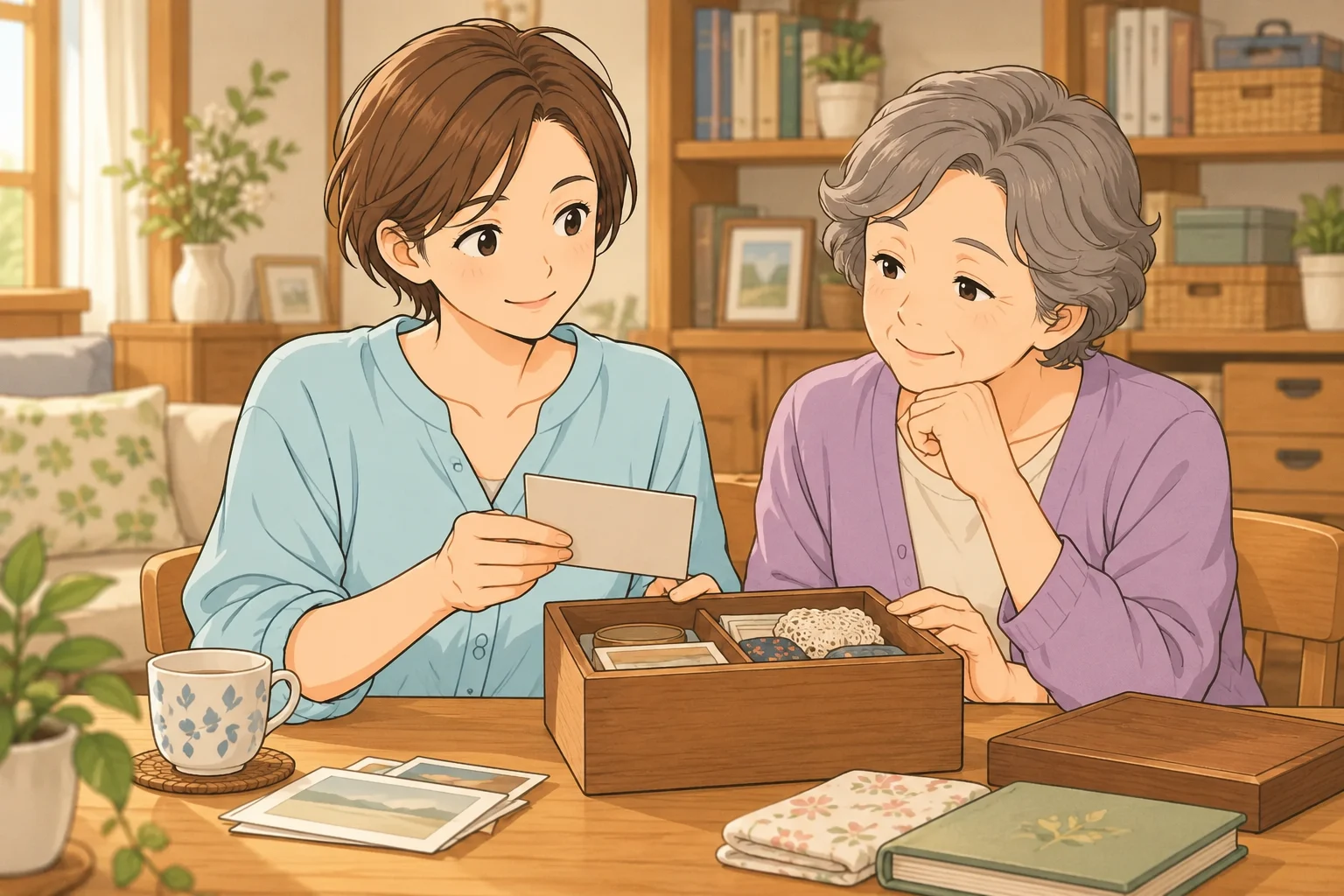 実家で母と大切な物を残す相談をしながら小さな箱を整理する千尋