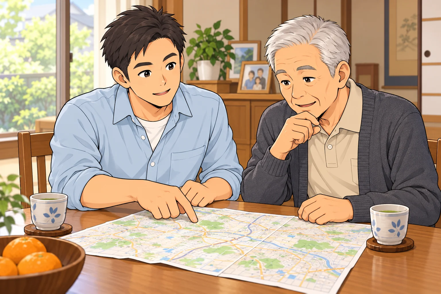 父と一緒に通院や買い物の移動を地図で相談する亮太