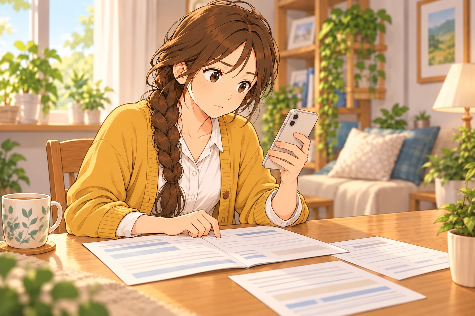 スマートフォンと支払書類を確認する楓