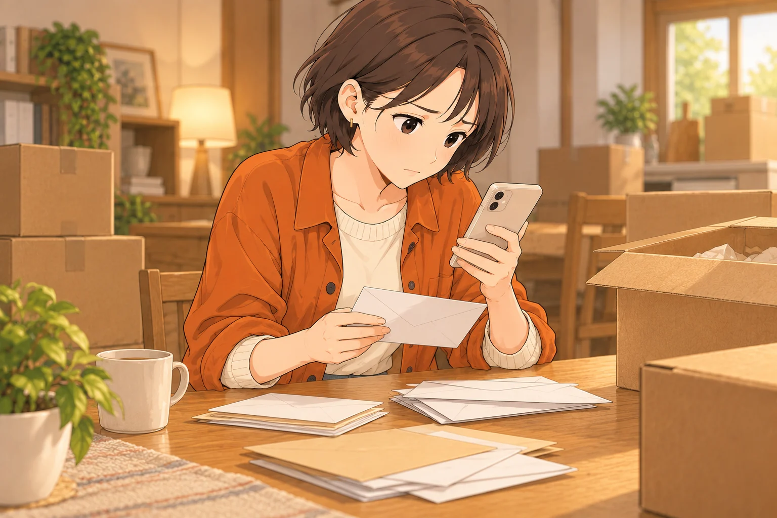 引越し用の封筒とスマートフォンを前に住所変更先を整理する紗良