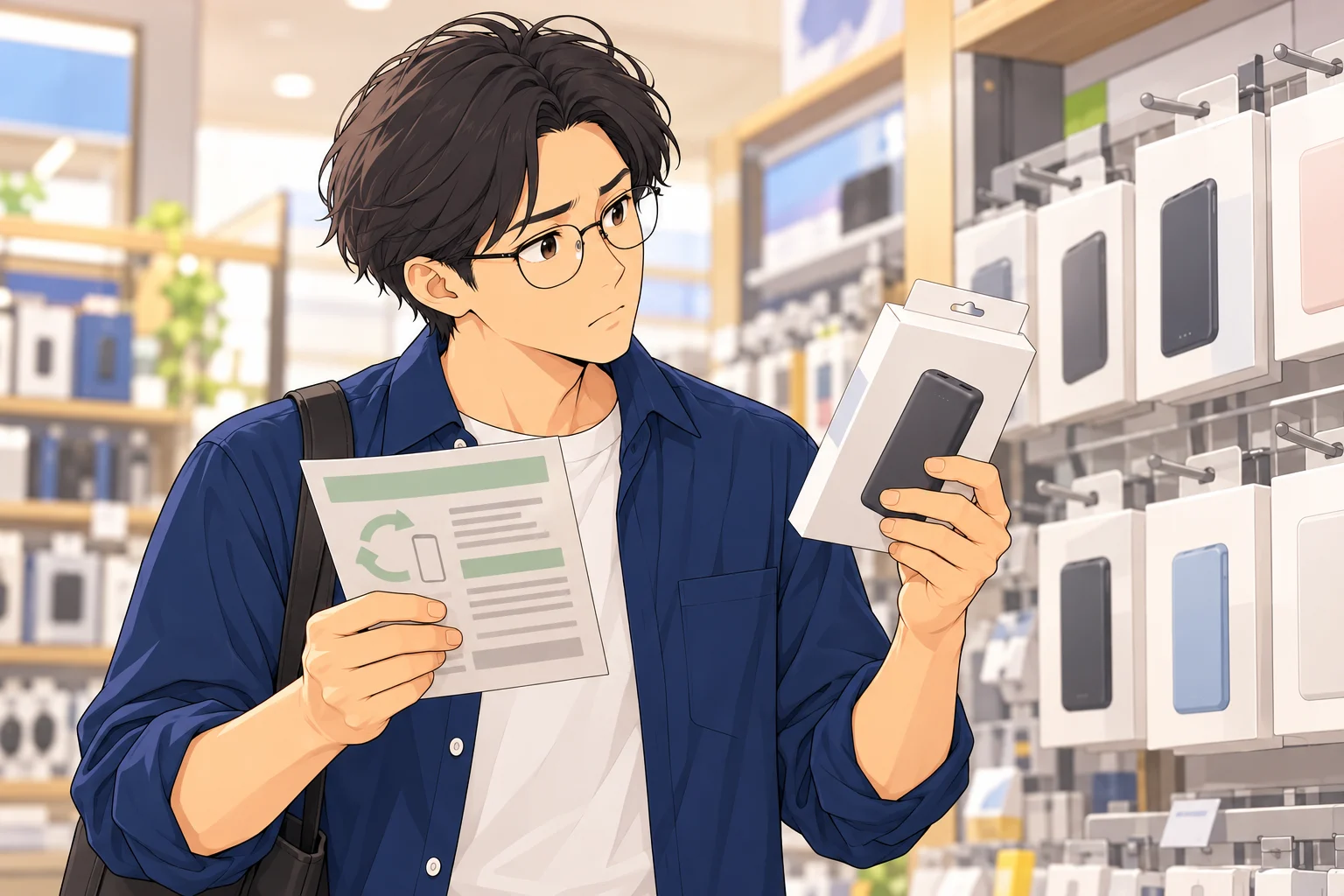 モバイルバッテリーの包装と回収案内を見比べる悠