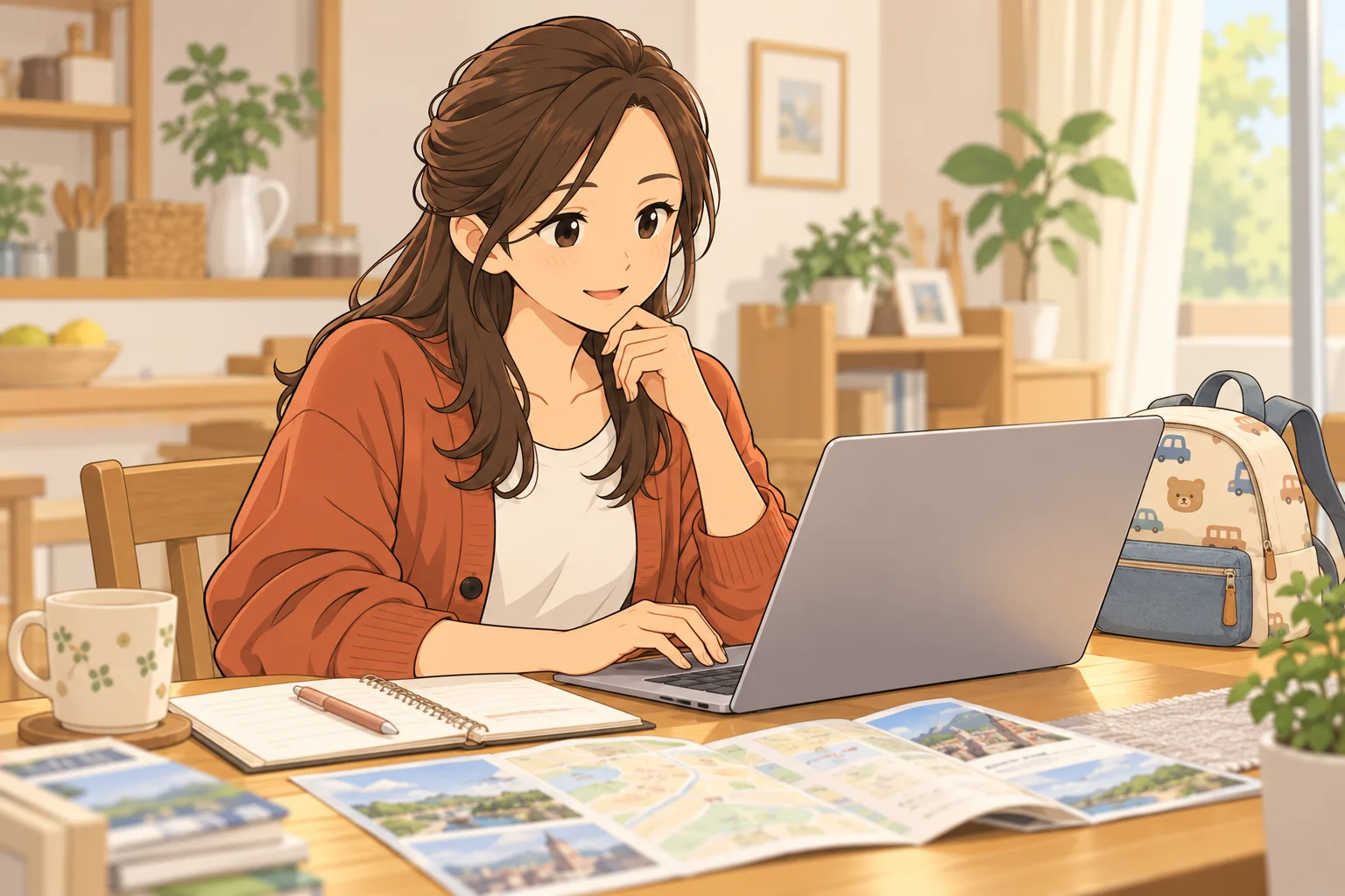 子どもの旅行リュックのそばで列車の座席予約を確認する咲