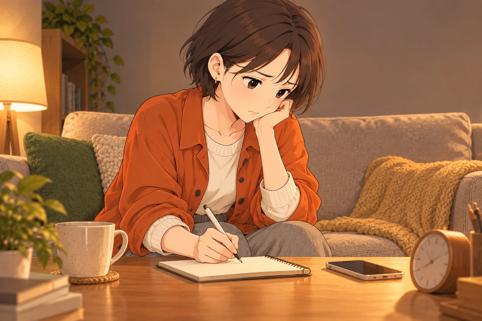 夜の部屋で眠れない疲れを感じながら、音の状況をノートへ記す紗良