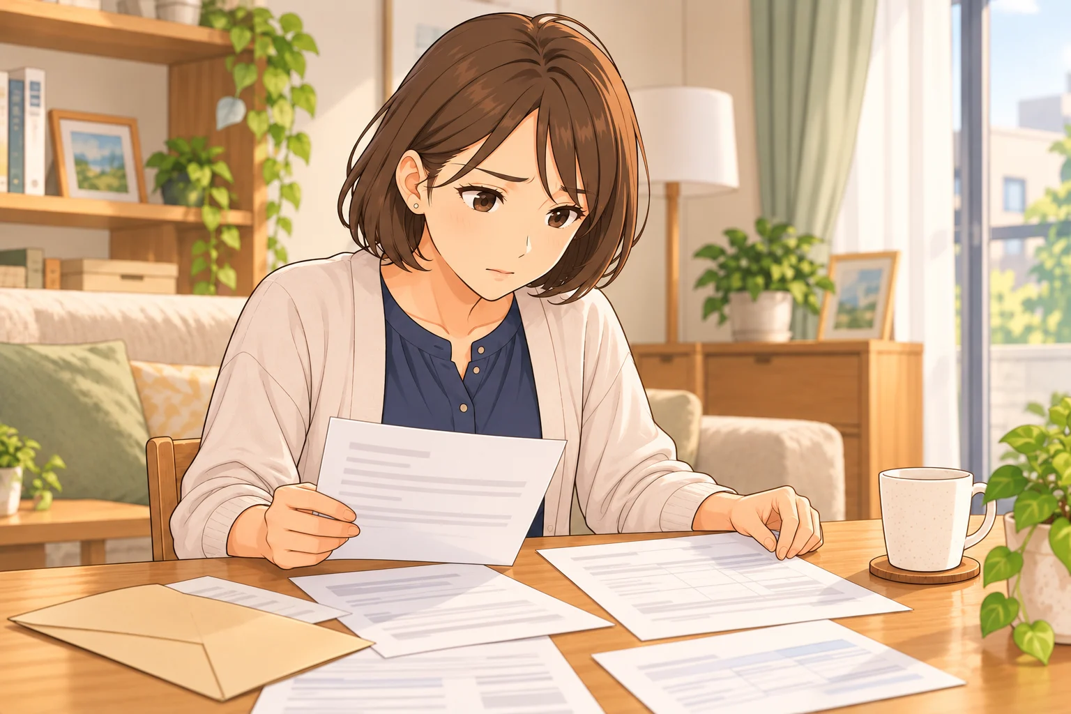 封筒と納付書、給与明細を机で見比べる美緒
