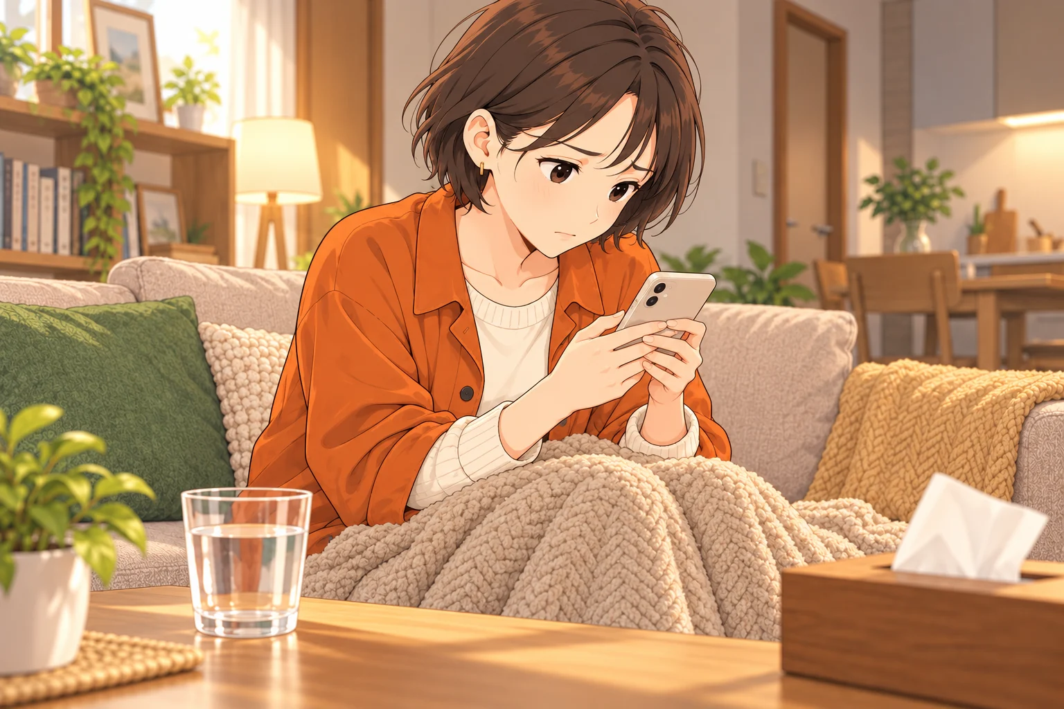 朝の自宅で体調が優れず職場への連絡文を考える紗良