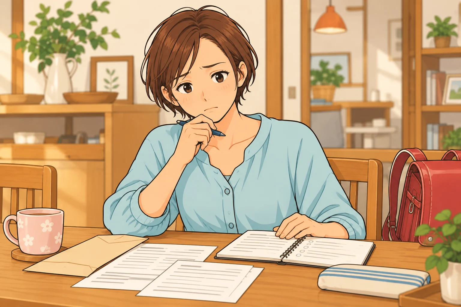 学校の案内と家計のノートを見ながら相談の準備をする千尋
