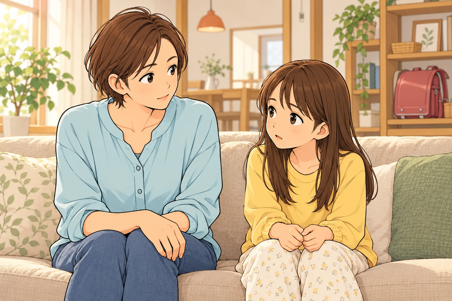 朝の家で学校へ行きづらい娘の話を横に座って静かに聞く千尋