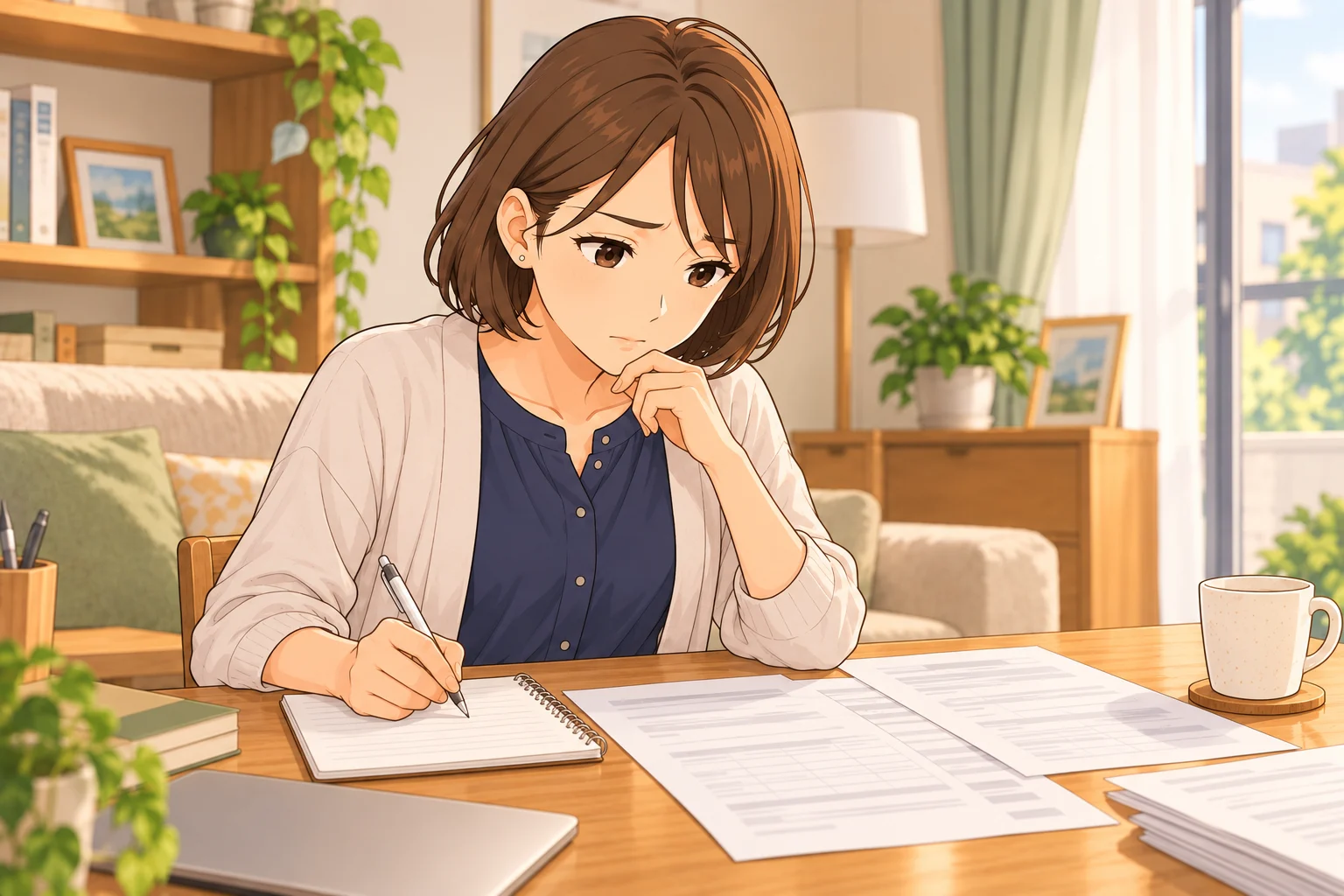 年末の証券取引報告書を見ながら確認事項を書き出す美緒