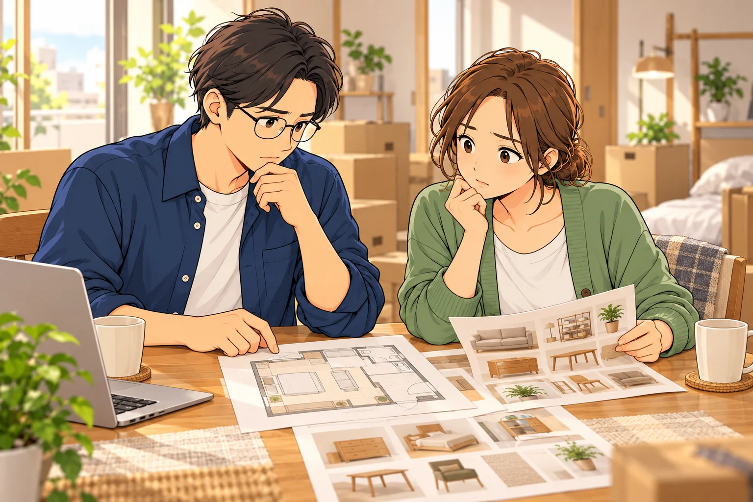 段ボールのある部屋で、持ち物リストを一緒に見て話す悠と葵