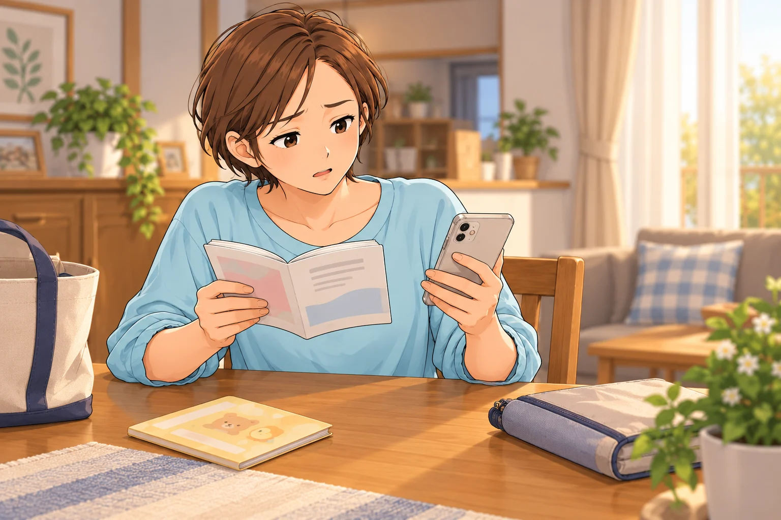 紙のお薬手帳とスマートフォンを見比べ、家族の記録を確認する千尋