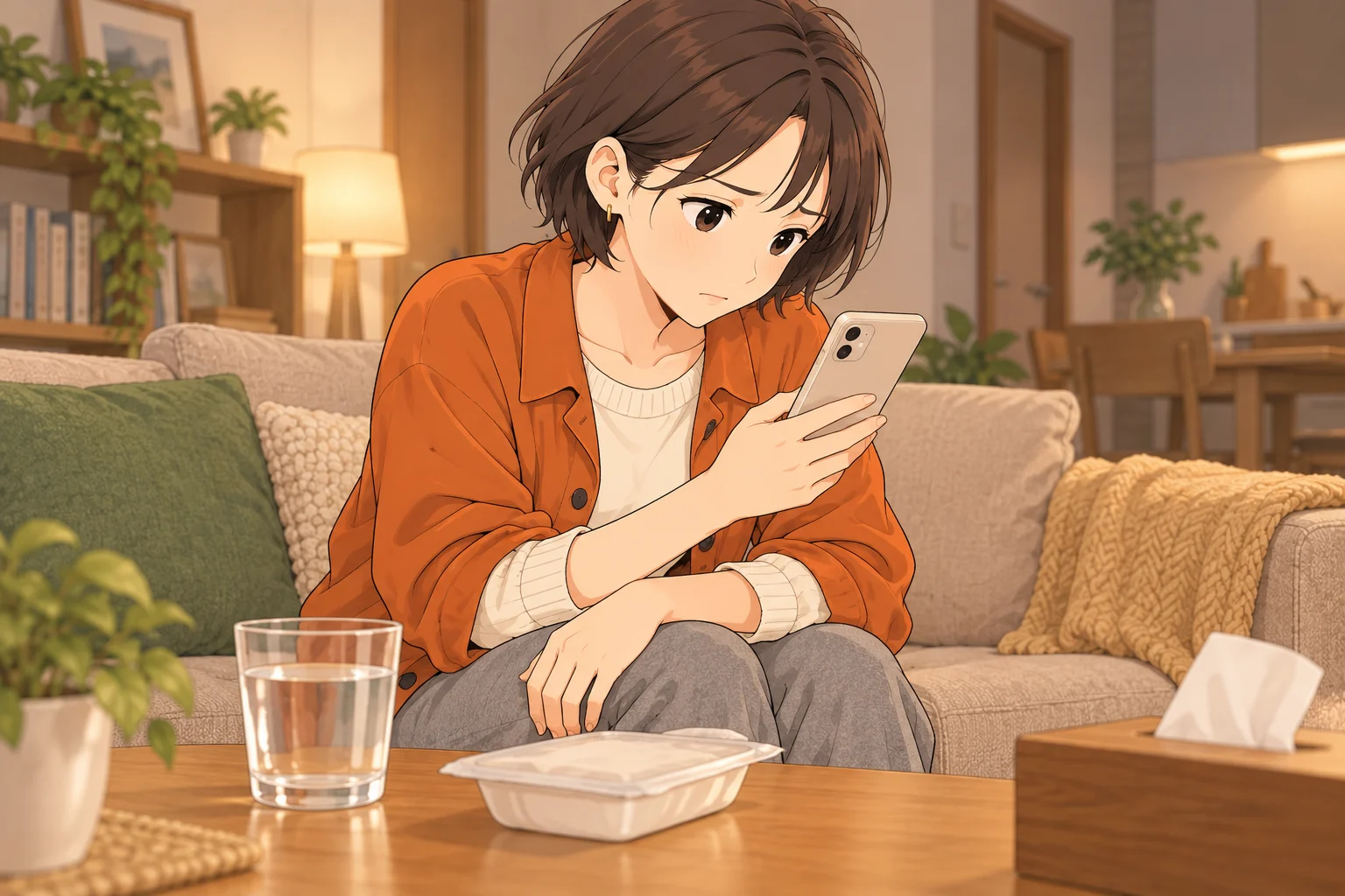 一人の部屋でソファに座り、水と食品のある机のそばで携帯を見る紗良