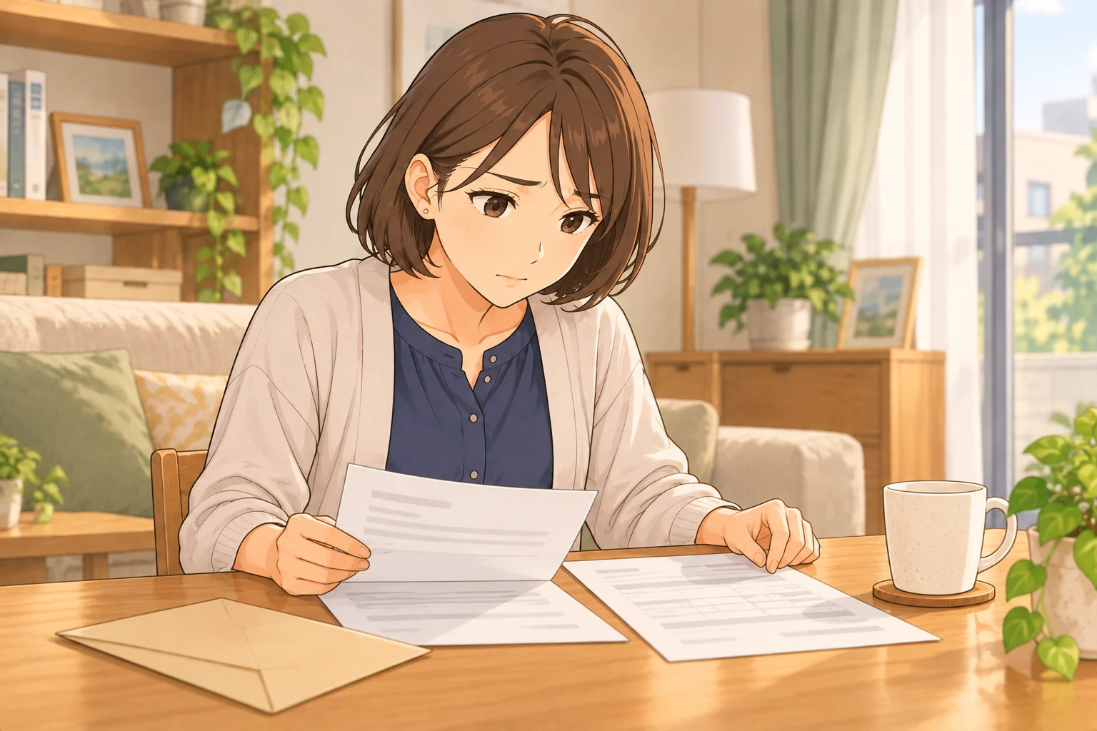 更新の通知と契約書を机に置き、不安そうに内容を読む美緒