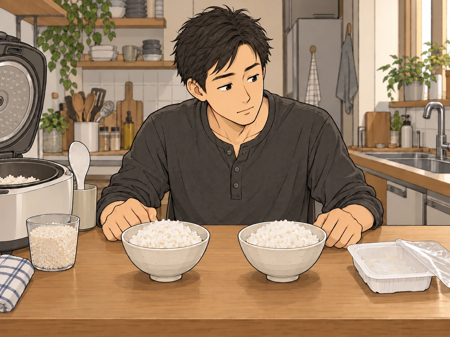 生米と炊飯器、パックご飯を背景に、同じ器へ同じ量の炊いたご飯を並べて比べる場面