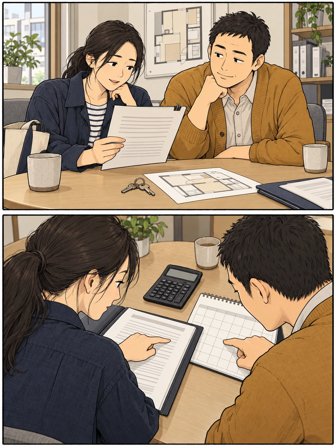 内見後に契約書を確かめる二人が、引っ越し時の支払いから住む期間の予定へ目を向ける二場面